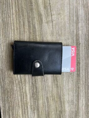 Black Leather Snap Card Wallet with Card Slot